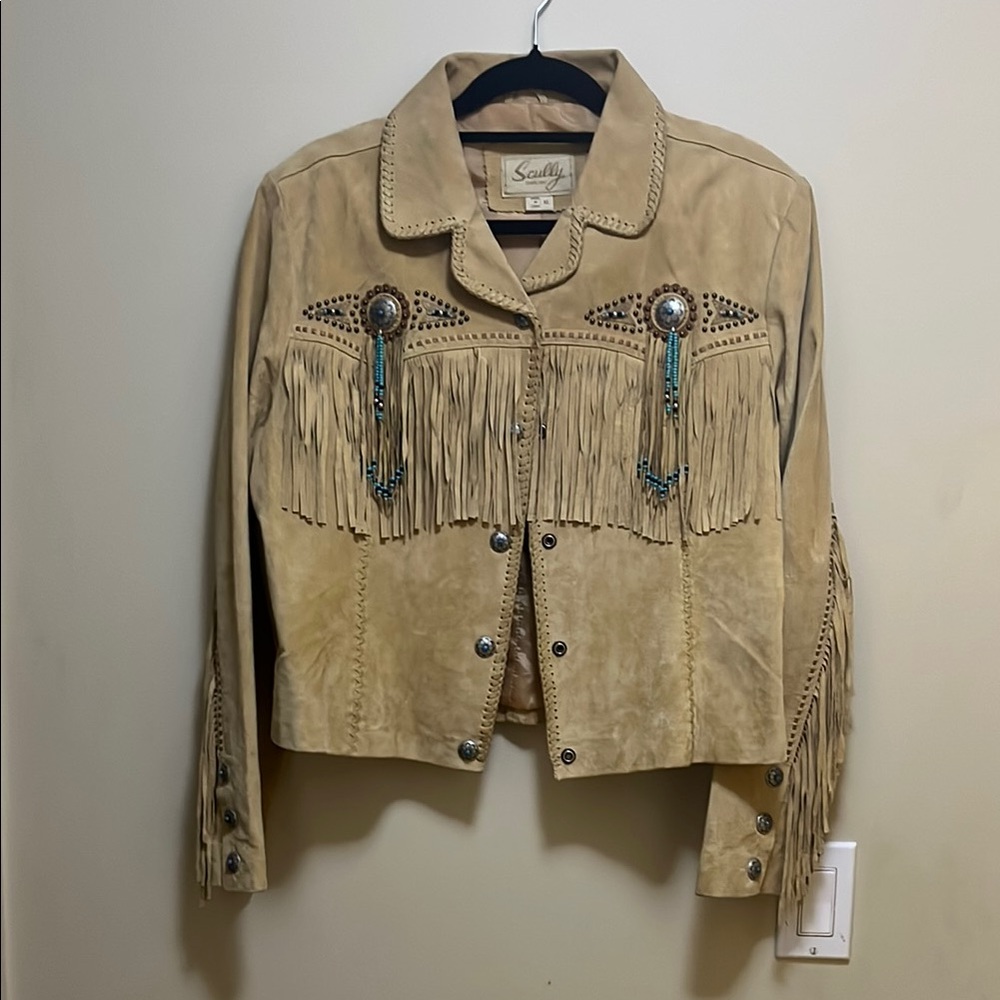Scully Tan Leather Jacket with Fringe Detailing